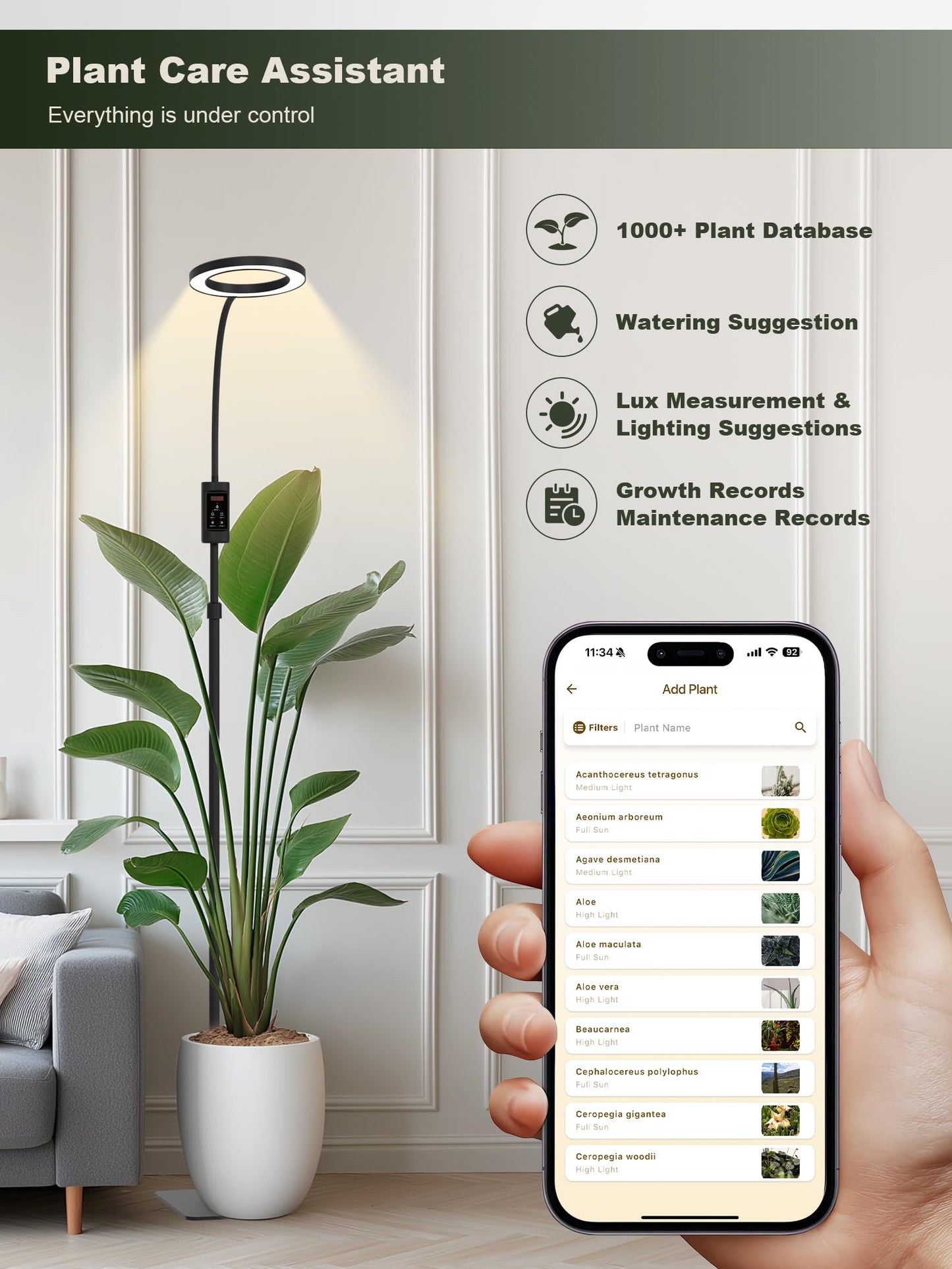 GLOWRIUM Smart Grow Lights for Indoor Plants, 24W Full Spectrum Plant Lights with Bluetooth App, Adjustable Height 47-70.9", Auto Timer, Indoor Plant Lamp for Large Tall Plants(Black 24W)