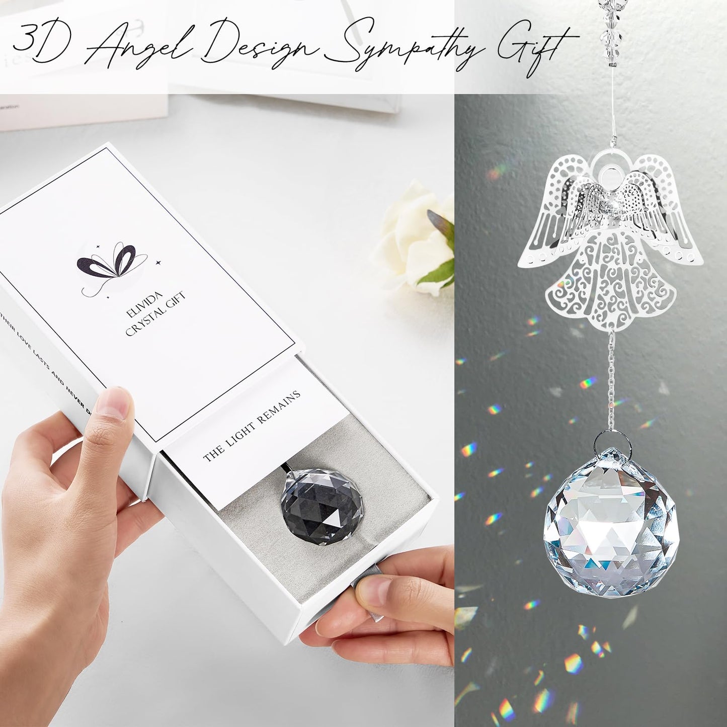 Elivida Memorial Modern Sympathy Gift for Loss of Mom - 3D Angel Design Grief Hanging Ornament With 40mm Clear Crystal Ball Rainbow Maker - Bereavement Idea for Women