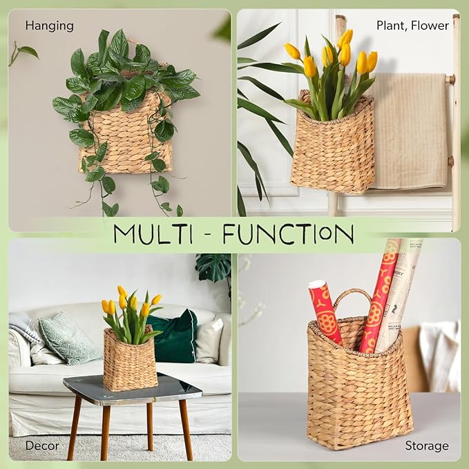 Woven Hanging Water Hyacinth Baskets, Hanging Wall Wicker Basket, Handmade