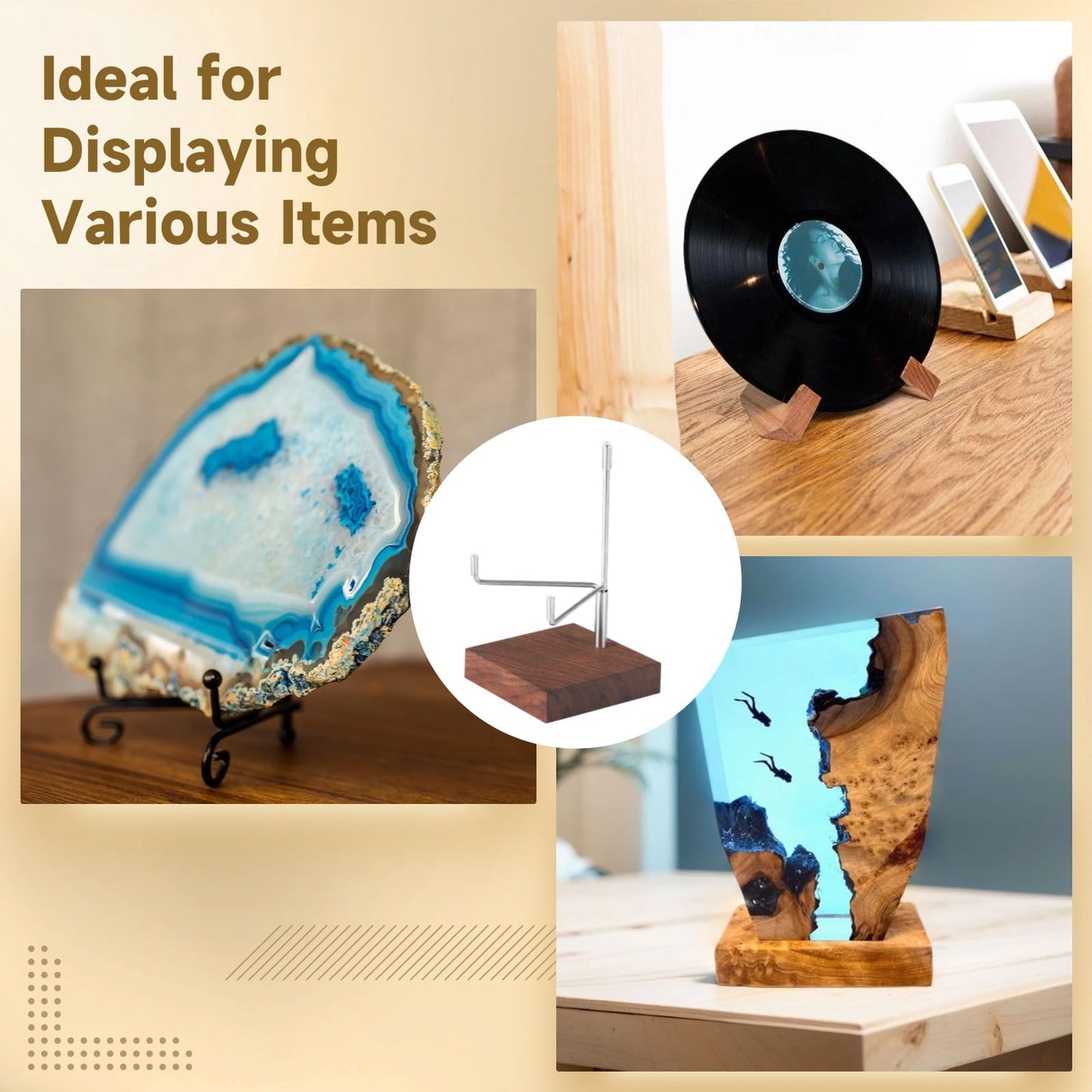 Homaisson 4 Pcs Crystal Display Stands, Wood Easel Holders with Adjustable Metal Arms, Walnut Rock Stands for Crystals, Geodes Display Racks for Crystal and Rock Collection Display
