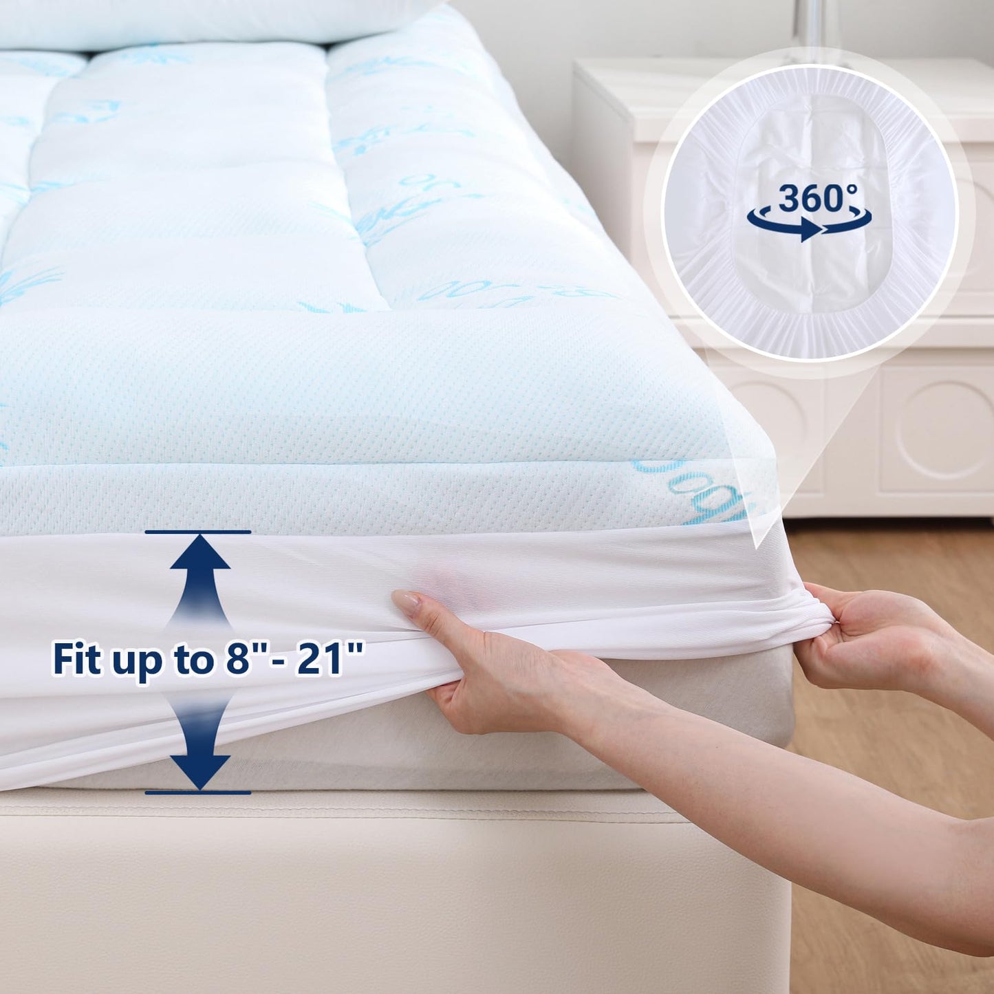 DOWNCOOL 100% Waterproof Twin Mattress Topper, Cooling Pillow Top Memory Foam Mattress Topper for Hot Sleepers, Viscose Derived from Bamboo, Deep Pocket Fits 8-21 Inch