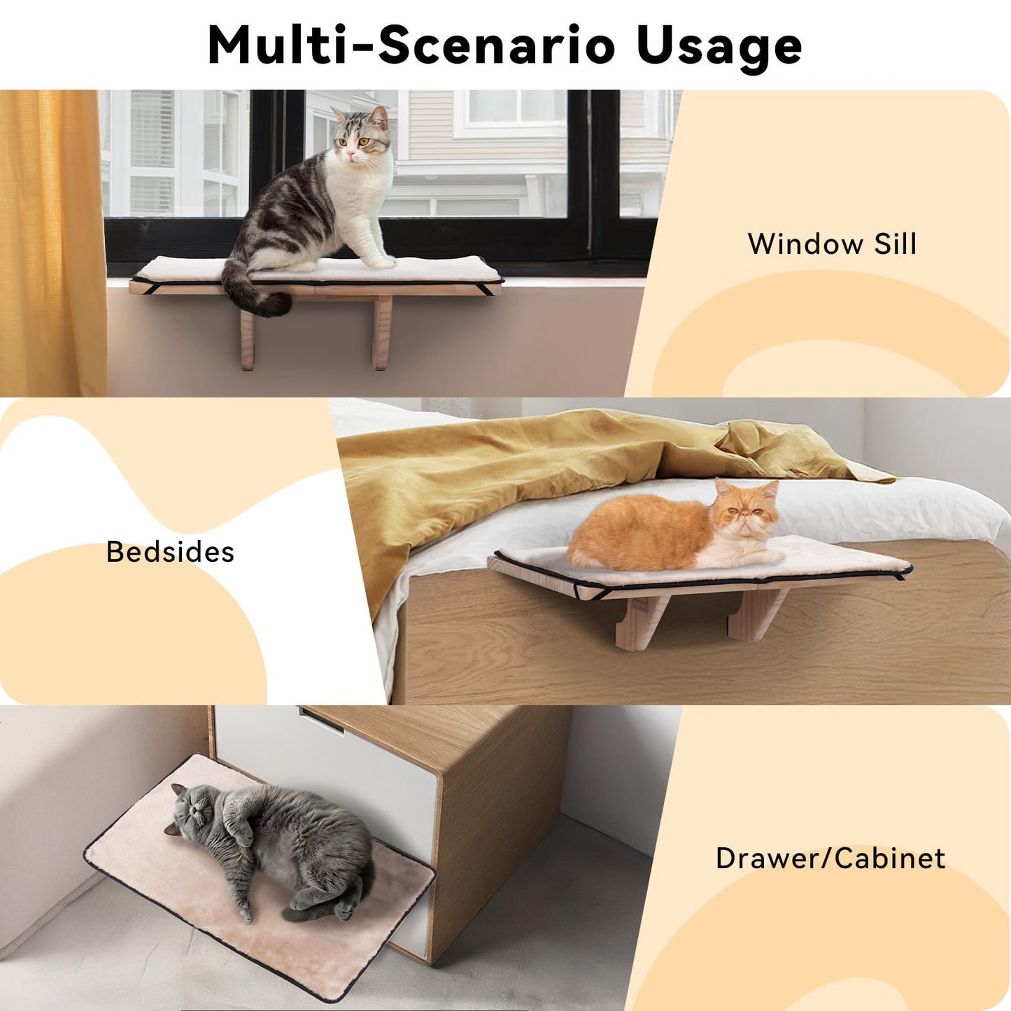 PETSFIT 2 Cats Design Window Perch, Cat Hammock Window Seat with Natural Wood &Removable Fleece Mat for Large Cats, Easy to Adjust&Assemble Cat Bed for Windowsill, Bedside and Drawer