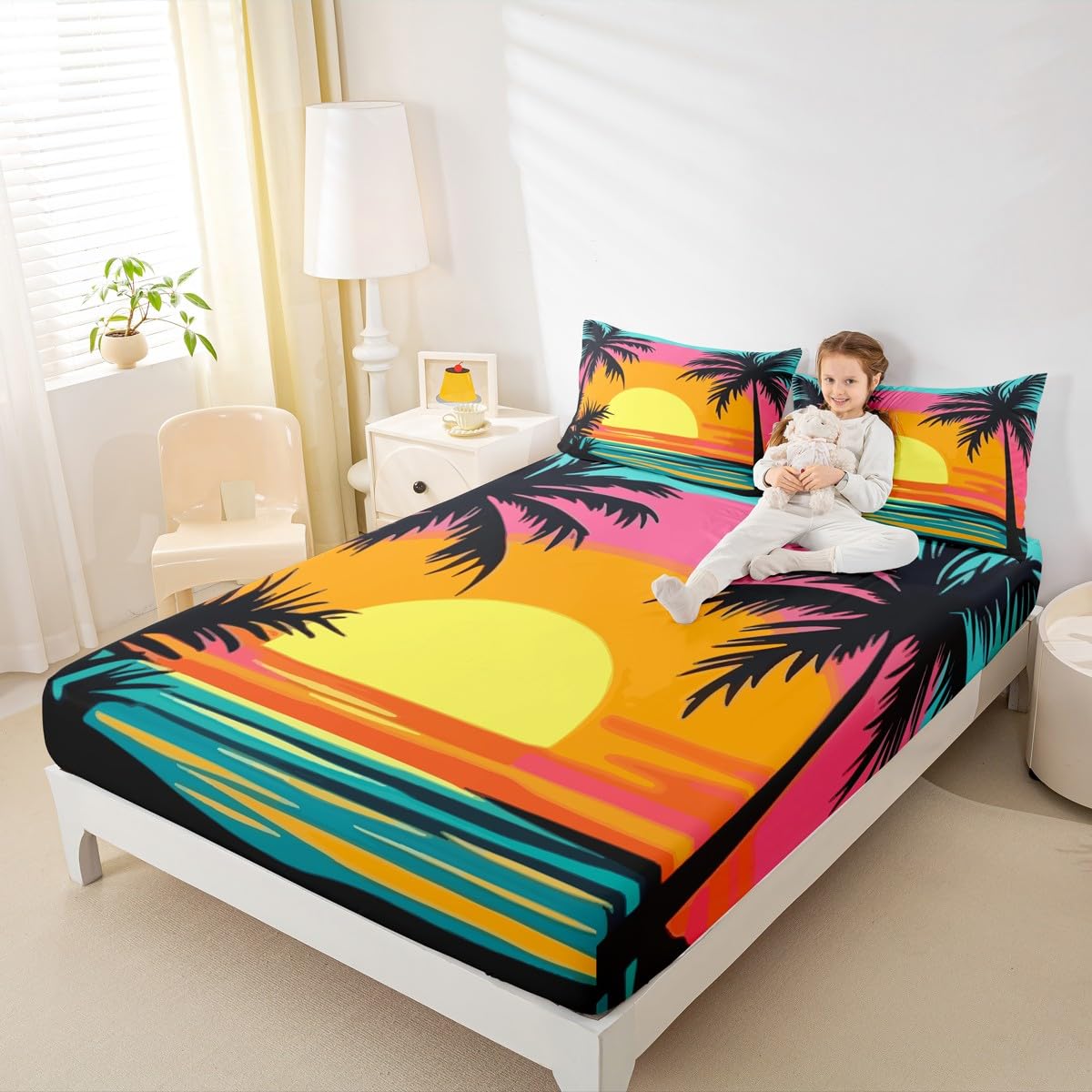 jejeloiu Beach Sunset Bedding Sheets Queen Size Palm Tree Bed Sheet Set for Kids Boys Girls Ocean Beach Fitted Sheet Blue Pink Yellow Bed Cover 3Pcs,1 Fitted Sheet+2 Pillow Sham(No Flat Sheet)