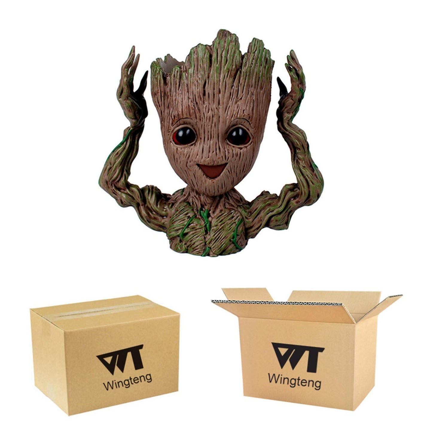 WT WINGTENG 6" Cute Baby Groot Planter Pot, Smile Face Planters Head for Indoor Plant or Funny Pen Holder Flower Pot with Drainage Hole for a Tiny Succulents Plants Home Office Decor Gift Idea