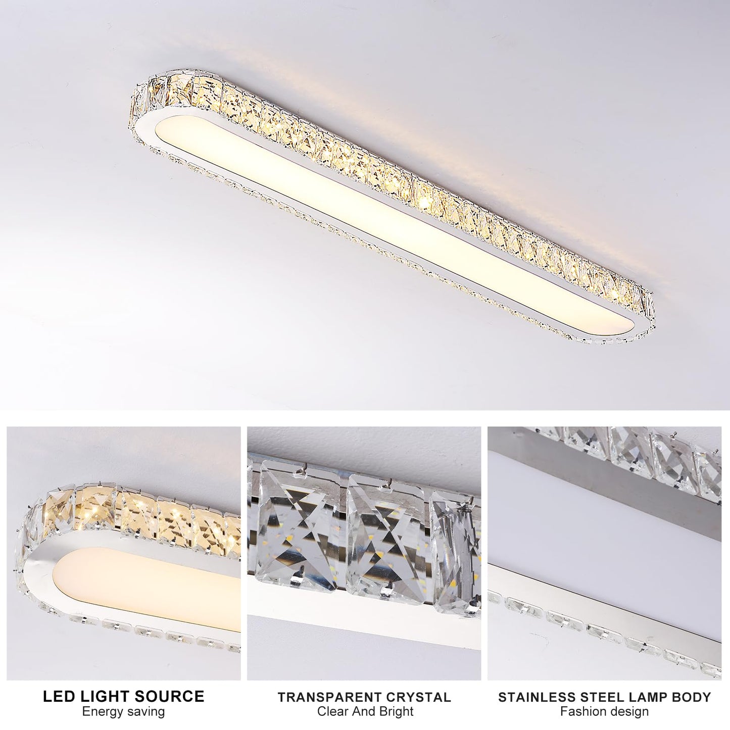 Qcyuui Dimmable LED Ceiling Light 39.4'' Kitchen Lighting Fixtures Ceiling Modern Luxury Crystal Ceiling Light with Remote Chrome Long Ceiling Light Fixture for Kitchen Dining Room Hallway,48W