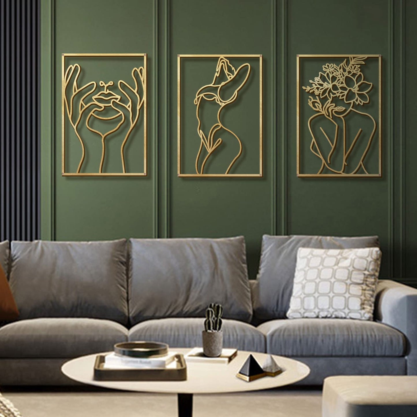 Glamativity 4 Pack Gold Wall Art Décor, Minimalist Single Line Real Metal Wall Art, Woman's Body Shape Abstract Wall Art (Gold Classic Style, 17 x 11.8'')