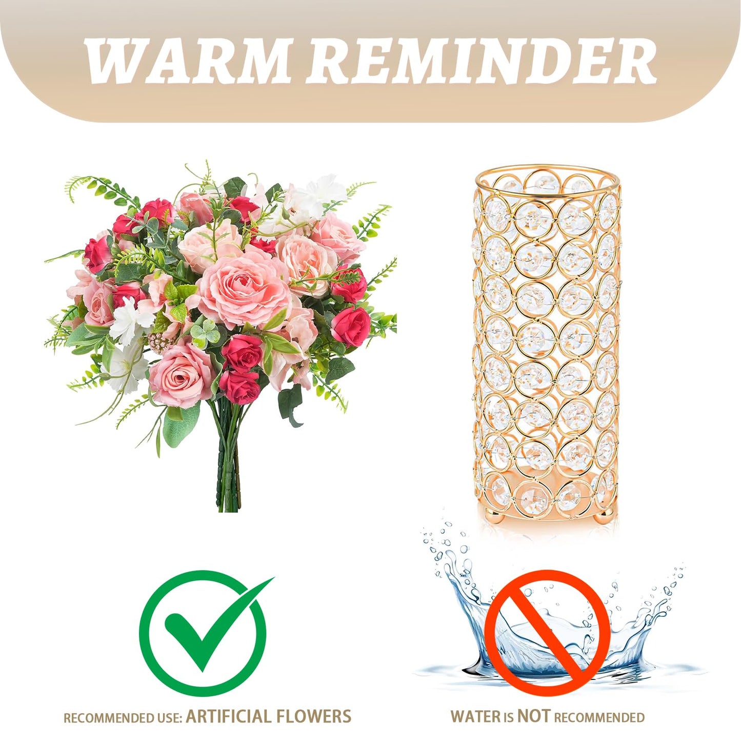 Elegant Crystal Column Vase/Pillar Candle Holder Set, Cylinder Flower Display Tabletop Centerpiece for Weddings & Home Decor (2, Gold)