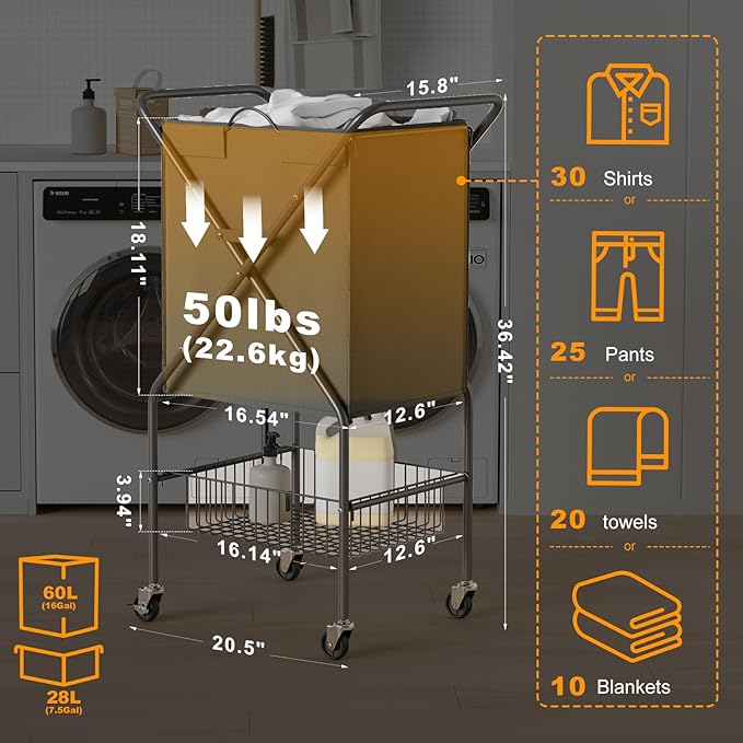 Laundry Basket with Wheels:88L Rolling Laundry Cart Foldable Metal Frame Dirty