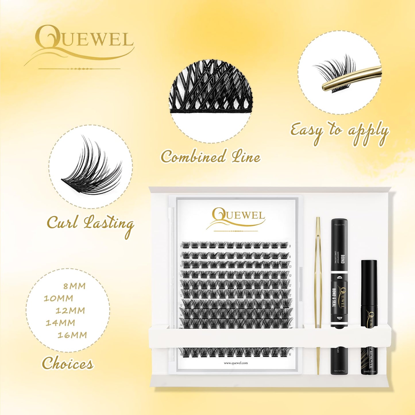 Individual-Lashes 144 Cluster-Lashes QUEWEL DIY Eyelash-Extensions-Kit, Clusters Eyelash Applicator, Cluster Lashes Bond and Seal Super Hold, Clusters Lash Glue Remover Easy to Remove(QU-RR-DH-01)