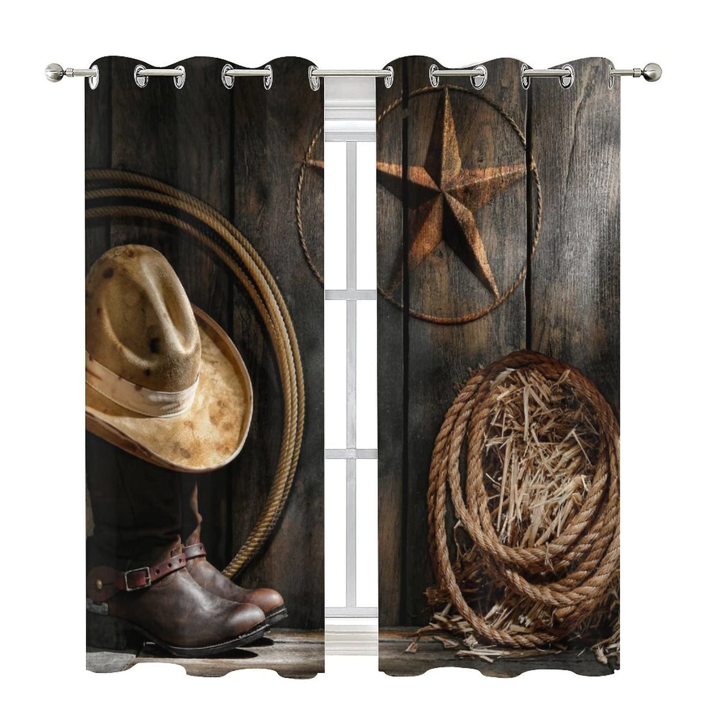 Western Farmhouse Room Darkening Blackout Window Curtains with Grommets,Rustic Cowboy Leather Boots Texas Star Hat on Wooden Energy Efficient Window Treatment for Living Room 2 Panels 63L x 27.5W