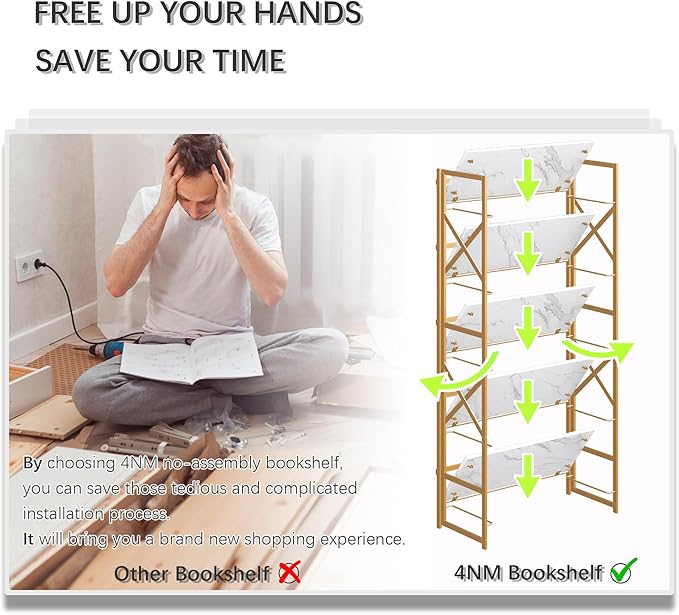 4NM 5 Tiers No Assembly Book Shelves, 51.2" H Folding Bookshelf Bookcase Open