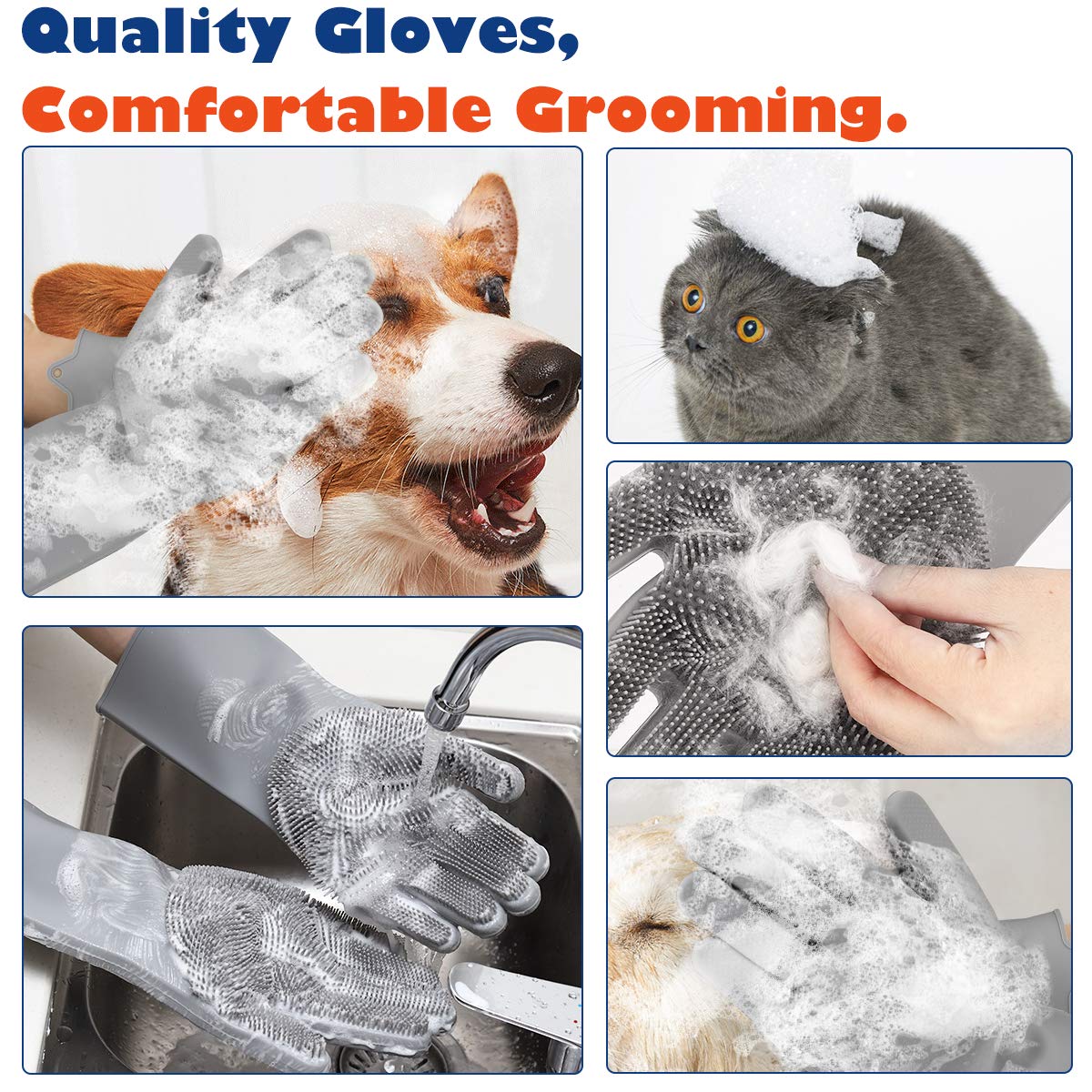 VavoPaw Pet Grooming Gloves - Dog Bathing Shampoo Brush with High Density Teeth, Heat Resistant Silicone Five Finger Design for Bathing and Massaging Dogs and Cats, Gray