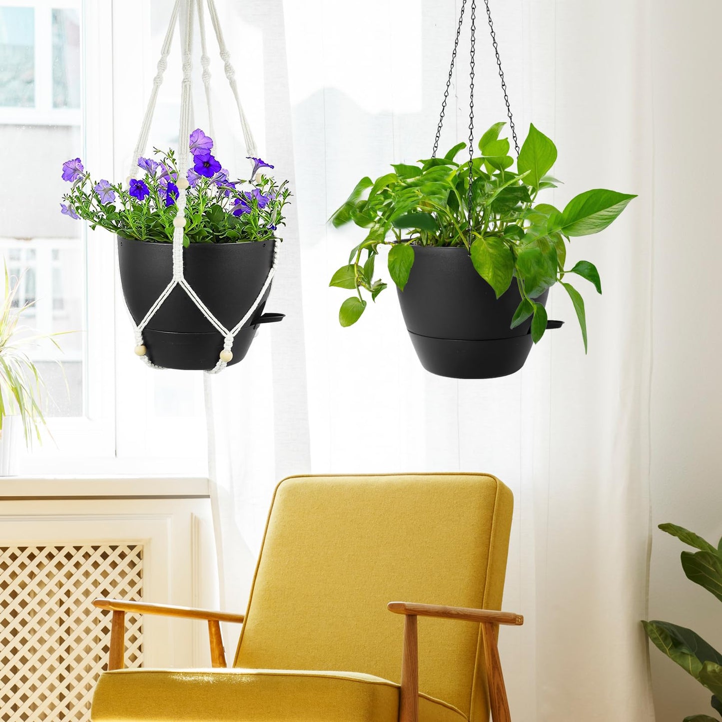 Meowell 10 inch Self Watering Hanging Planters, 2 Pack Hanging Baskets for Indoor Outdoor Plants, Hanging Flower Pots with Drainage Holes & 2 Kinds of Plant Hangers for Garden Home Decor, Black