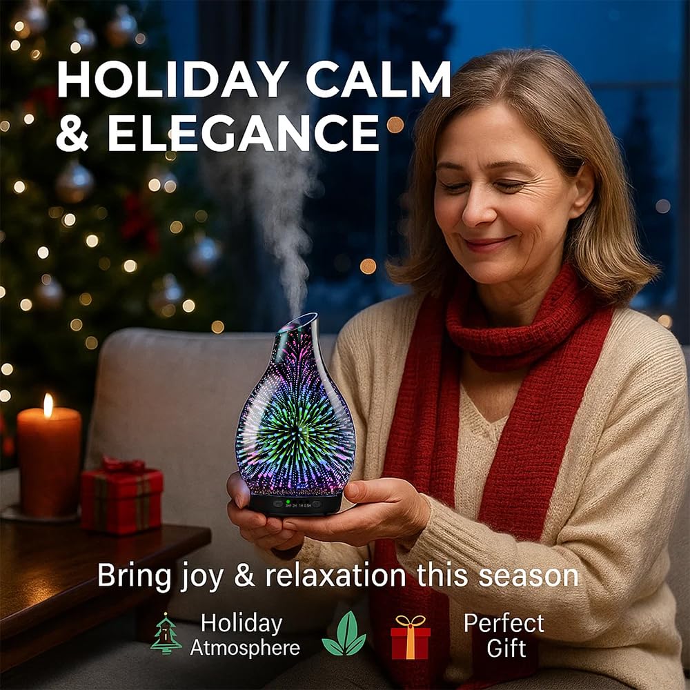 120ML Essential Oil Diffuser, 3D Glass Aromatherapy Diffuser with Auto Shut-Off and 7 Color LED Lights, Ultrasonic Mist Humidifier with 4 Timer for Home Office Bedroom (3D Fireworks)