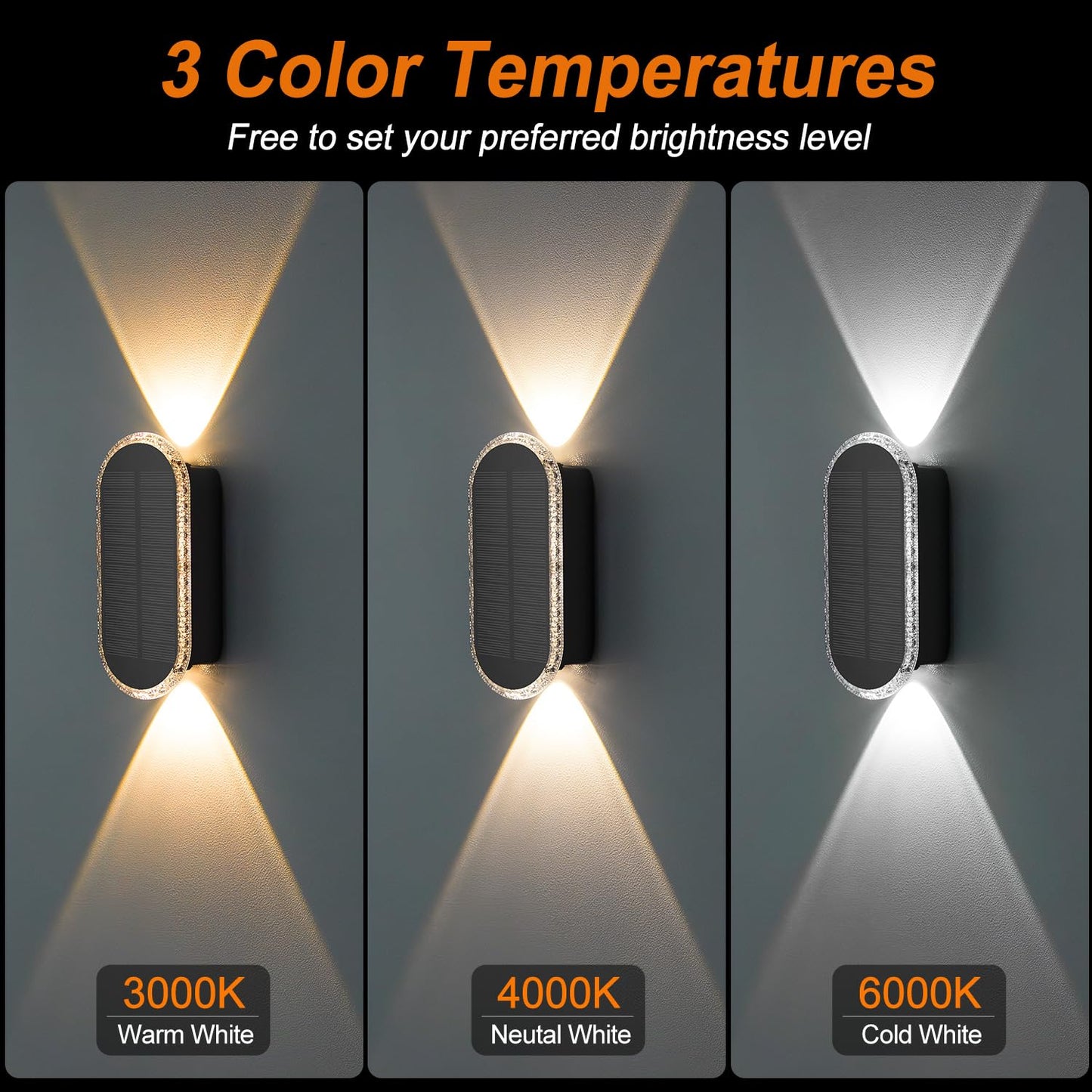 ELLASAY Solar Fence Lights Outdoor Garden,3000K/4000K/6000K 3 Modes Brighter Garden Wall Lights Solar Powered Waterproof IP65 for Patio/Backyard/Porch/Pool Decorations,4PK