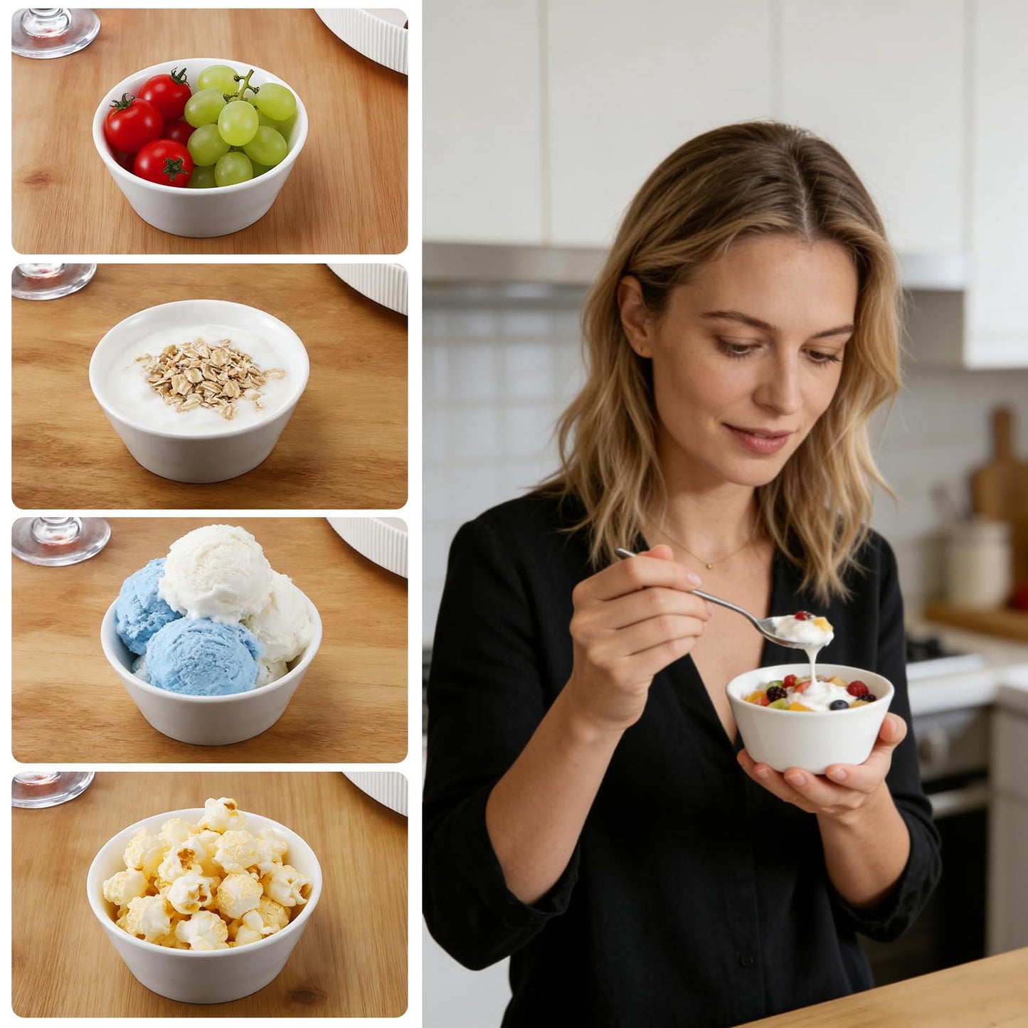 Enjamyo 6 Pack Porcelain Small Bowls, 5oz White Ceramic Ramekins, 4 Inch Diameter Small Bowls for Serving Dipping Sauces, Desserts, Soups and Cereals