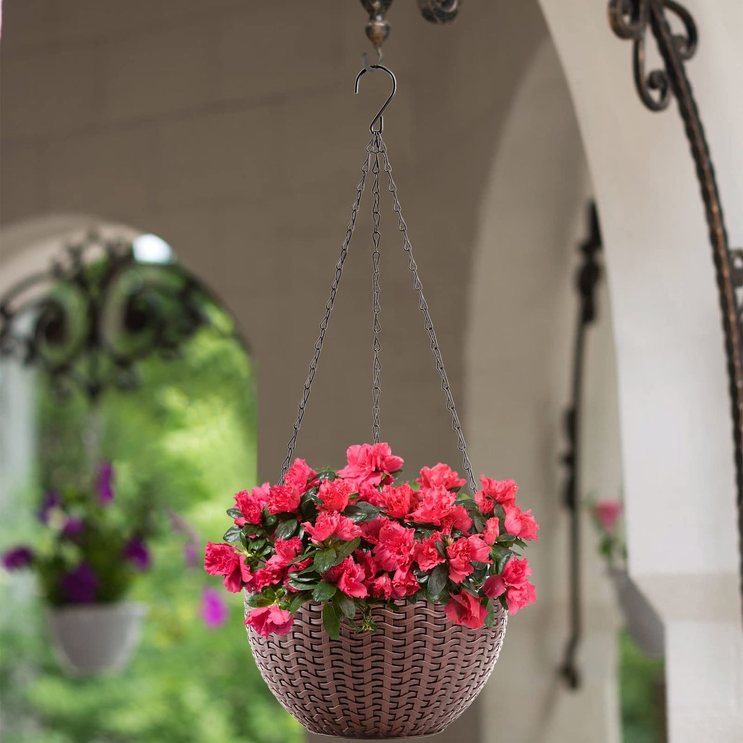 Foraineam 2-Pack Dual-pots Design Hanging Basket Planters Self-Watering Indoor Outdoor Plant & Flower Hanging Pots with Drainer and Chain, 2 Size Assorted