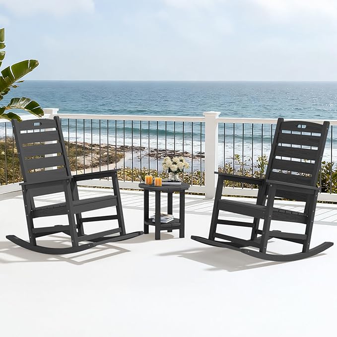 SERWALL Outdoor Rocking Chair Set of 2, Oversized Rocking Chair with Footboard for Adults, HDPE All Weather Resistant Rocking Chairs for Patio, 350lbs Weight Capacity, Gray