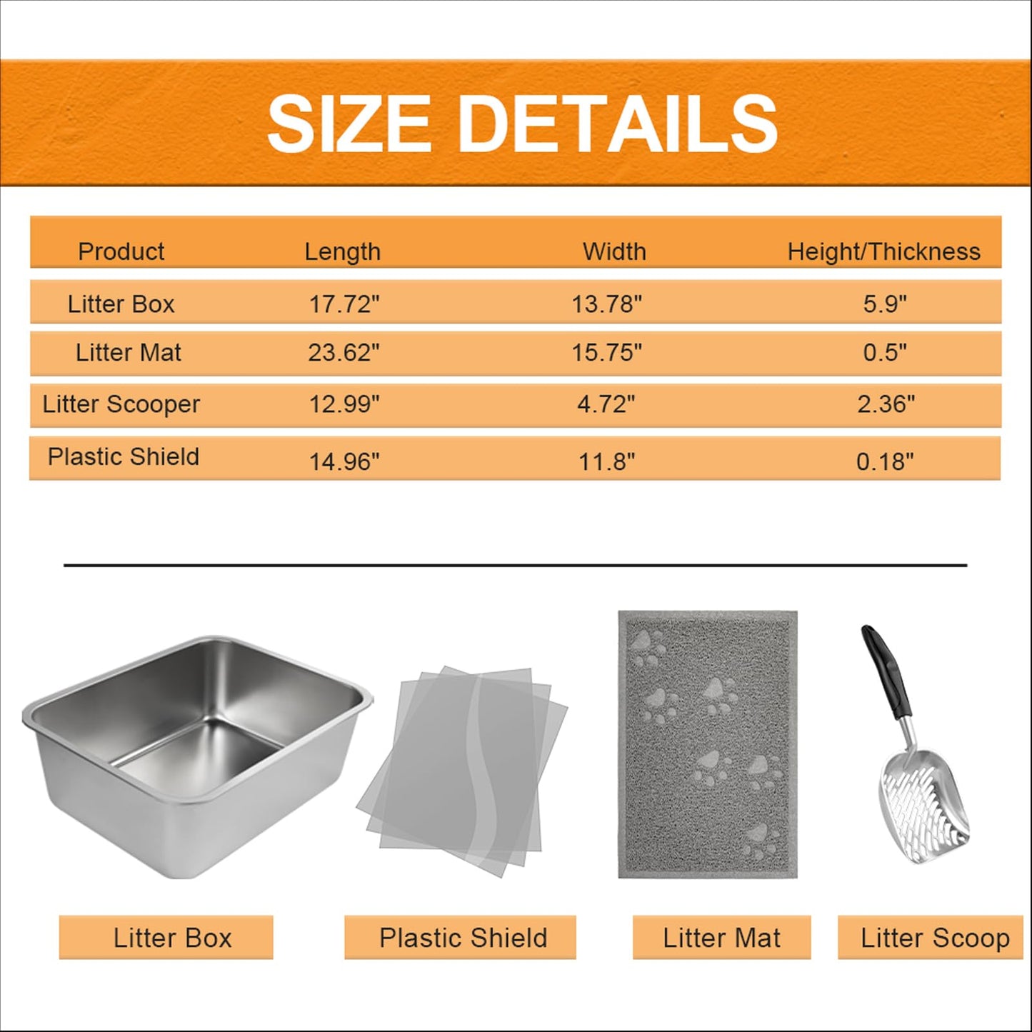 2 Set Stainless Steel Litter Box - 17.7"x13.8"x5.9", High-Sided Shield, Scoops, Mats for Multiple Cats, Easy to Clean