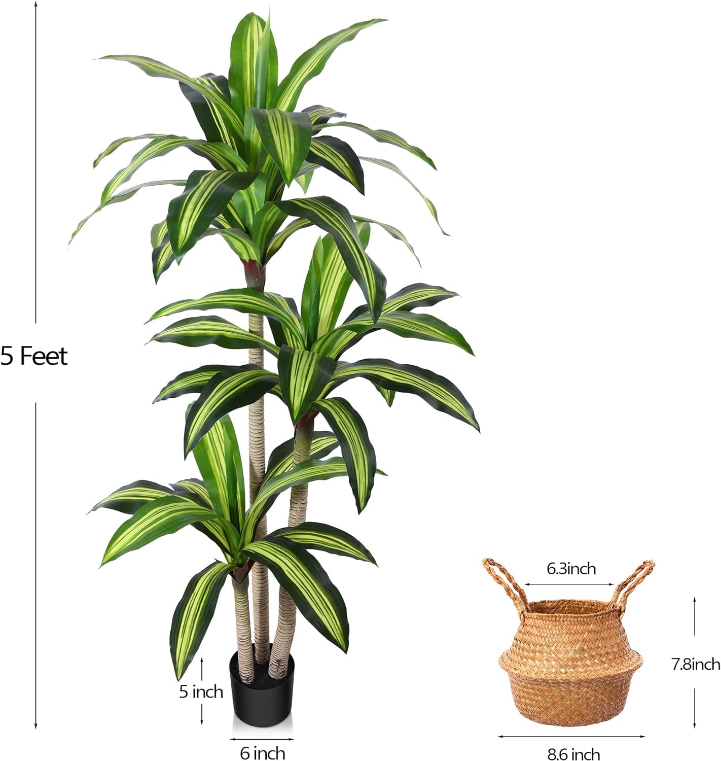 Ferrgoal Artificial Plants, 5 Ft Dracaena Tree Faux Plants Indoor Outdoor Decor Fake Tree with Woven Seagrass Basket Plants for Home Decor Office Living Room Porch Patio Housewarming
