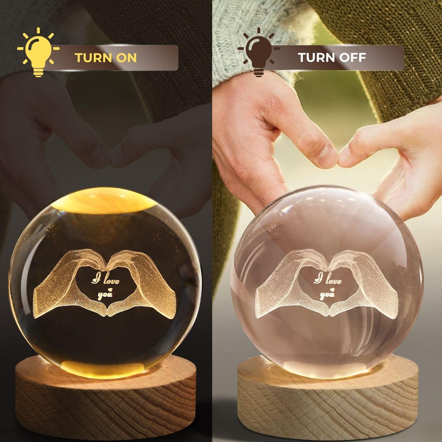 Flexzion 3D Love Crystal Ball Night Light 80mm (3.15 Inch), LED Glass Sphere Lamp with Solid Wood Base, USB Powered Adjustable Brightness Desk Decor Gift