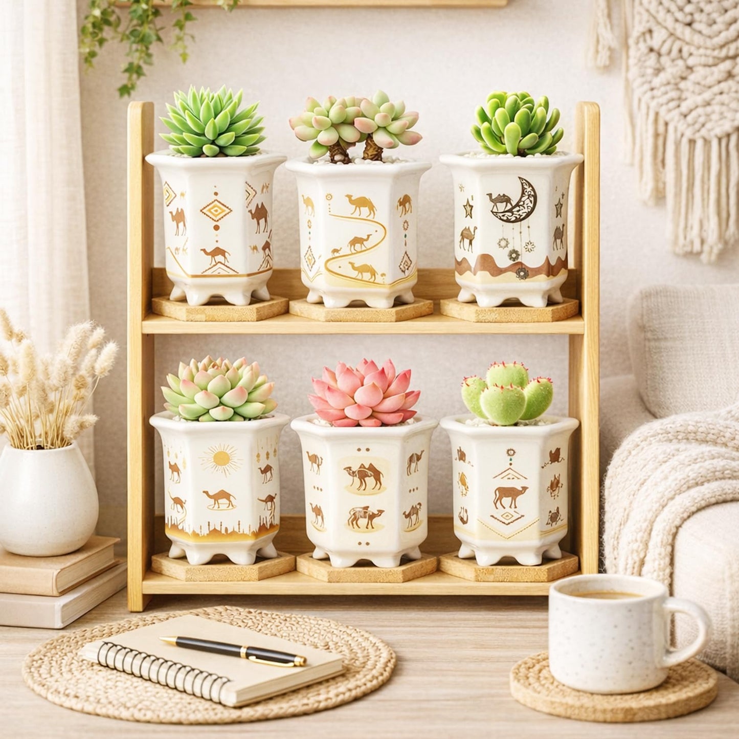 Succulent Pots 6 Pack, Small 3.3 Inch Cactus Pots with Drainage and Bamboo Tray, Ceramic Plant Pots for Succulents, Small Planters for Indoor Plants, Mini Flower Pots
