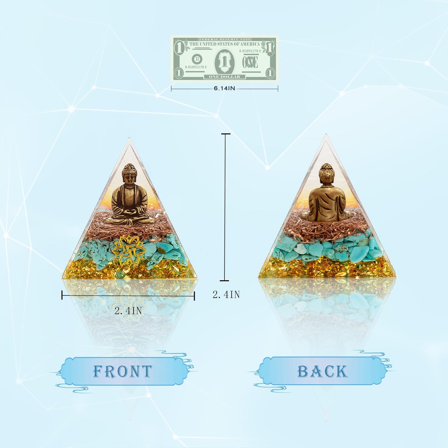 FENGSHUI-CAISHEN Little Buddha Statue in Healing Crystal Organite Pyramid - Aquamarine with Baby Buddha Figurine, Reiki Chakra Meditation Buddha Decor
