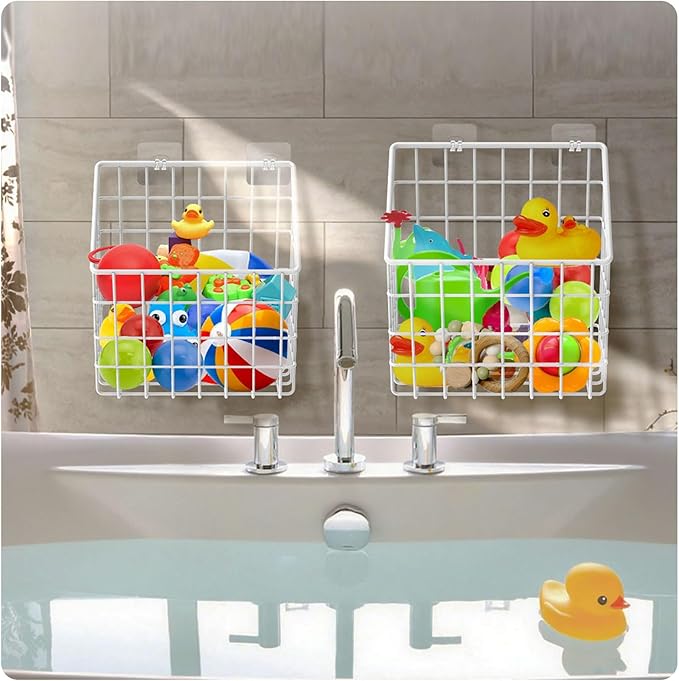 2 Pack Bath Toy Storage Organizer Basket, Large Metal Bathtub Toy Holder