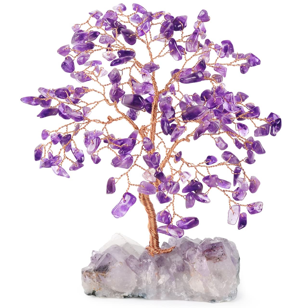 MASGEMES Handmade Chakra Gemstone Crystal Tree of Life,Natural Amethyst with Amethyst Cluster Base,Bonsai Feng Shui Decor Money Tree,Healing Crystals Positive Energy Gift Size 5.5"-6.3"