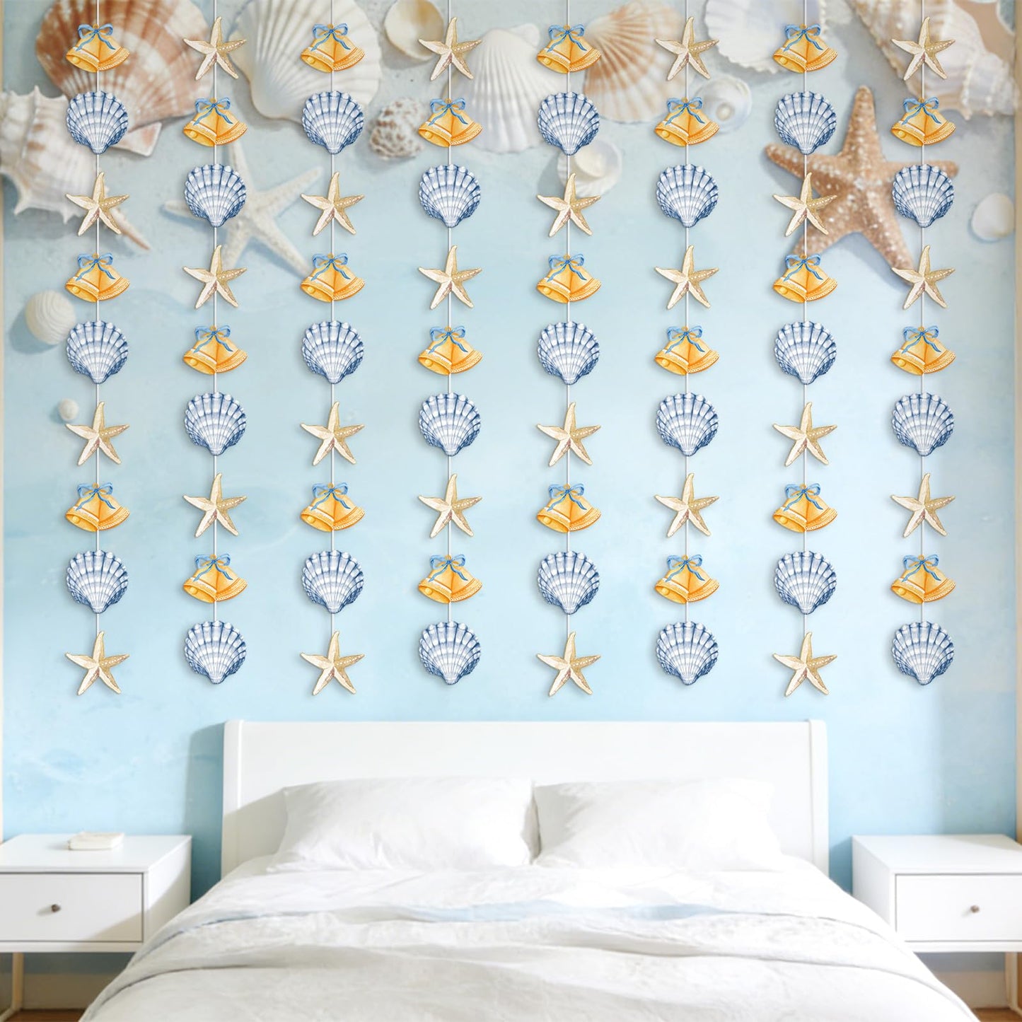 JarThenaAMCS 8 Pack Ocean Garland Coastal Beach Party Decorations Nautical Seashell Starfish Bells Hanging Banner Ornaments Pre-Assembled for Summer Under the Sea Wedding Baby Shower Mermaid Party