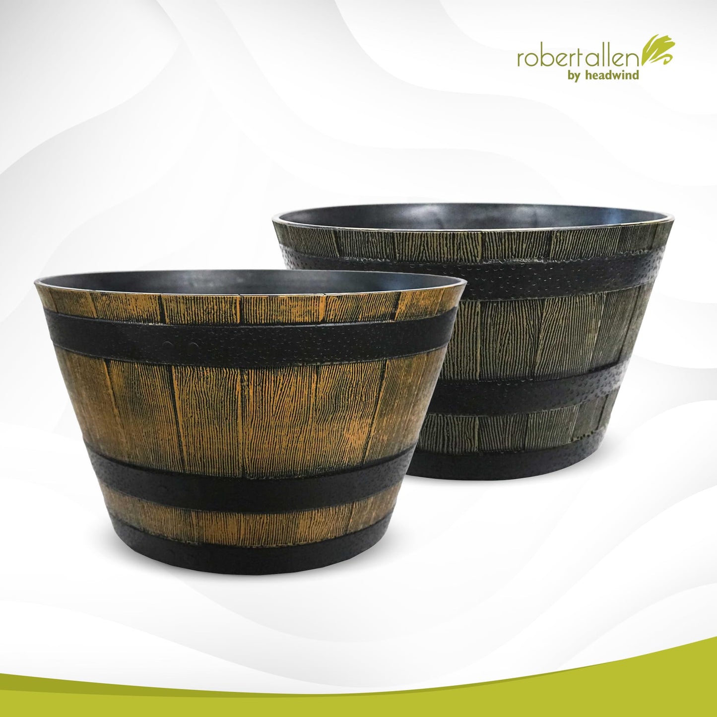 Headwind Whiskey Barrel Planter – 15 Inch Old Wood Barrel Planters for Outdoor Plants – Weather-Resistant Flower Pot with Wooden Finish – Decorative Indoor & Outdoor Garden Planter by Robert Allen
