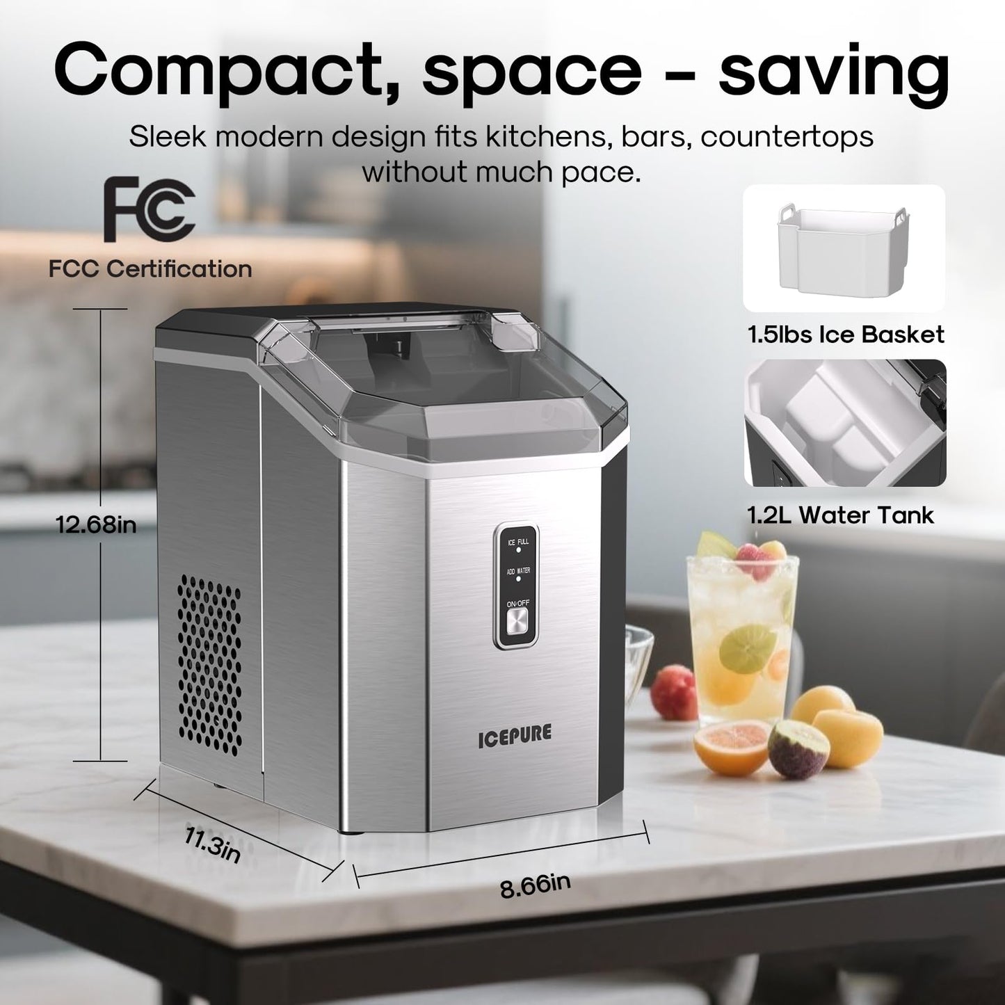 ICEPURE Nugget Ice Makers Countertop with App, Portable Ice Machine with WiFi, 33lbs in 24H, Ready in 5-10 Mins, Self Cleaning,Small Ice Maker with Basket Scoop, for Home/Party/RV(Stainless Steel)
