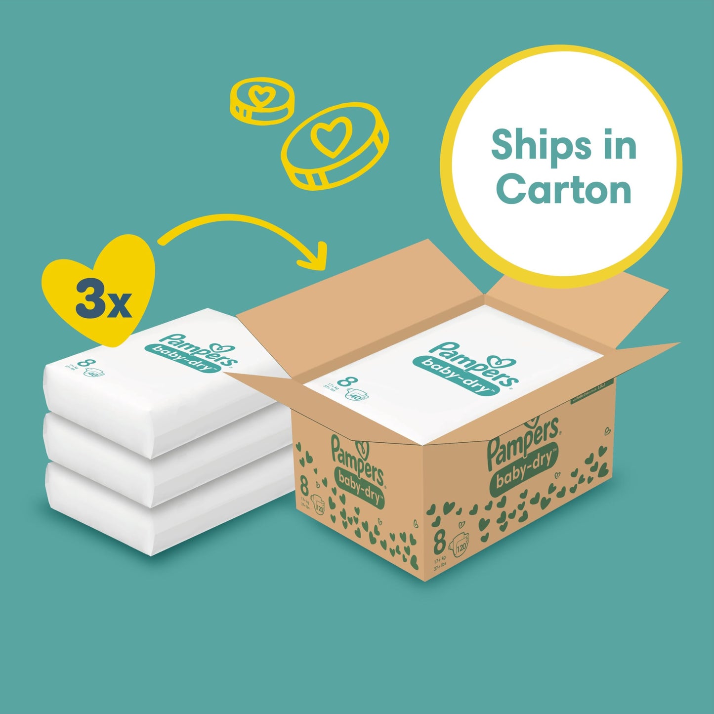 Pampers Baby-Dry Size 8, 120 Nappies, 17kg+, Monthly Pack, Up to a 100% Leak-Free Night