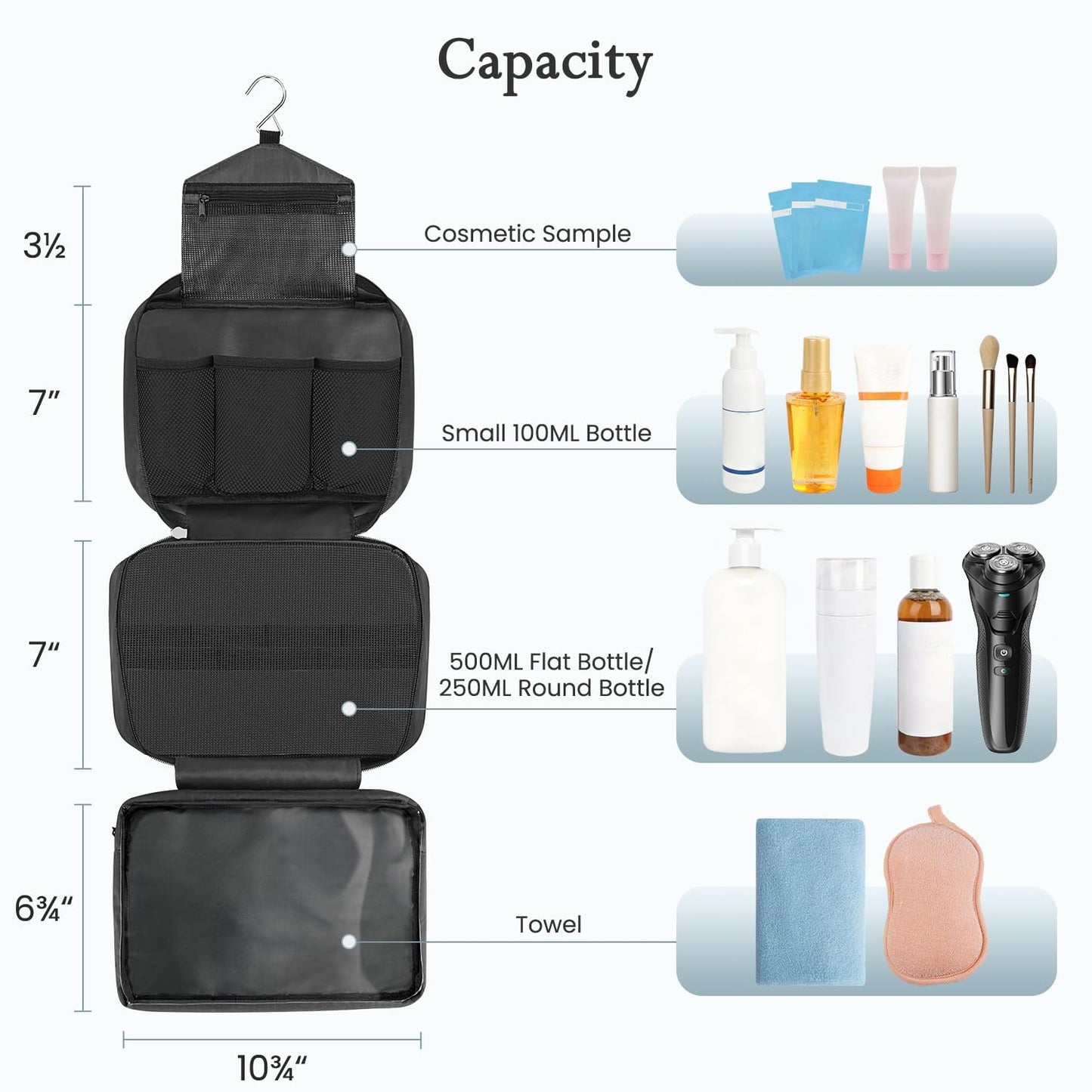 Maliton Hanging Toiletry Bag, Waterproof Large Mens Wash Bag, Foldable Travel Toiletry Bag with 4 Compartments, Travel Essentials for Business Trip, Vacation and for Overnight & Shower(Black)