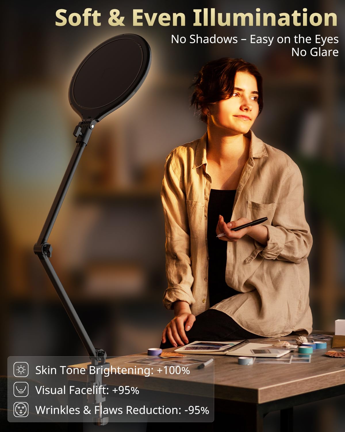 UBeesize 10" Key Light for Streaming, Desk Ring Light with Adjustable Arm, Zoom Lighting for Home Office, Gaming, Podcast, Video Calls, and Recording