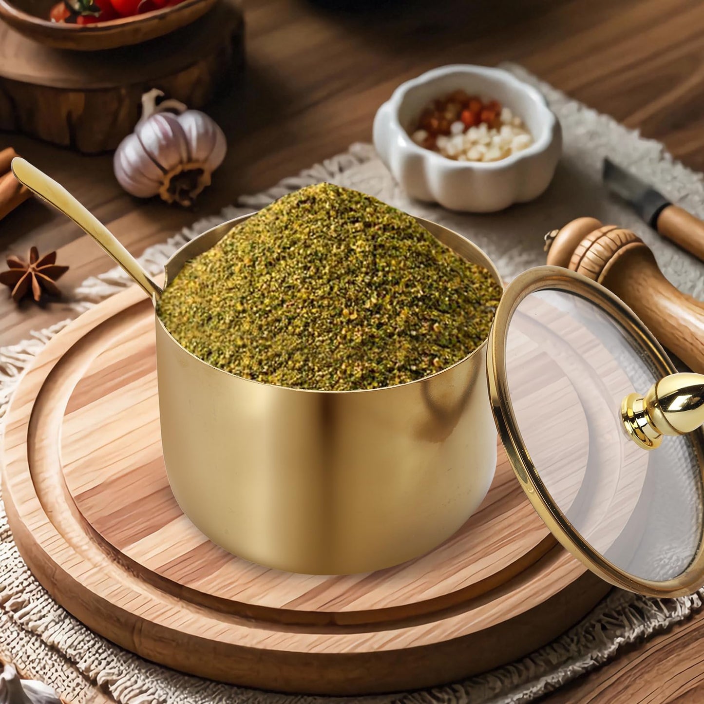 2 Pcs Stainless Steel Seasoning Box,Spice pot seasoning bottle Salt Pepper sugar storage bottle With Spoon and Clear Lid for home and kitchen (gold)