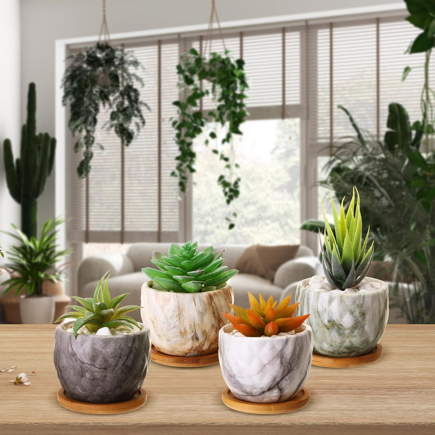 Ziliny Marbling Ceramic Flower Pot 3.35 Inch Succulent Small Plant Cactus Herbs Planter Ceramic Pot with Drainage Hole Matte Round Container(4 Pcs,Modern Style)