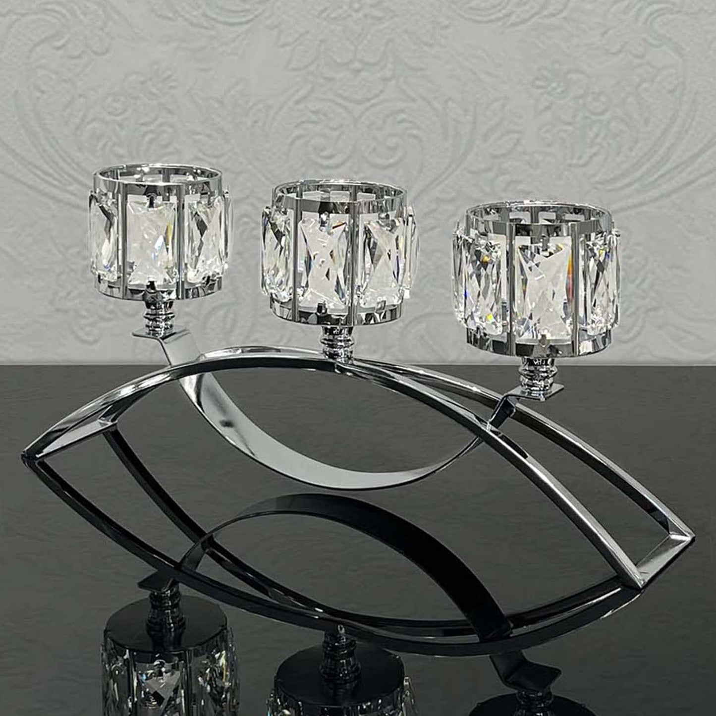 KEHAIL 3 Arms Crystal Candle Holders, Arch Candlestick Table Candelabras Centerpieces for Wedding, Dinning Room, Cabinet Ornaments, Home Decoration, Gift (3-arm Arched, Silver)