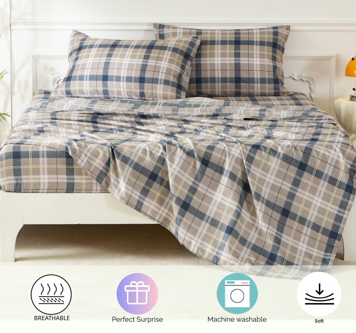 SDY 7PCS Twin Gingham Comforter and Sheet Set,Plaid Bedding Set with for Man Woman Adult,Super Soft Microfiber Bedding Sheet Sets