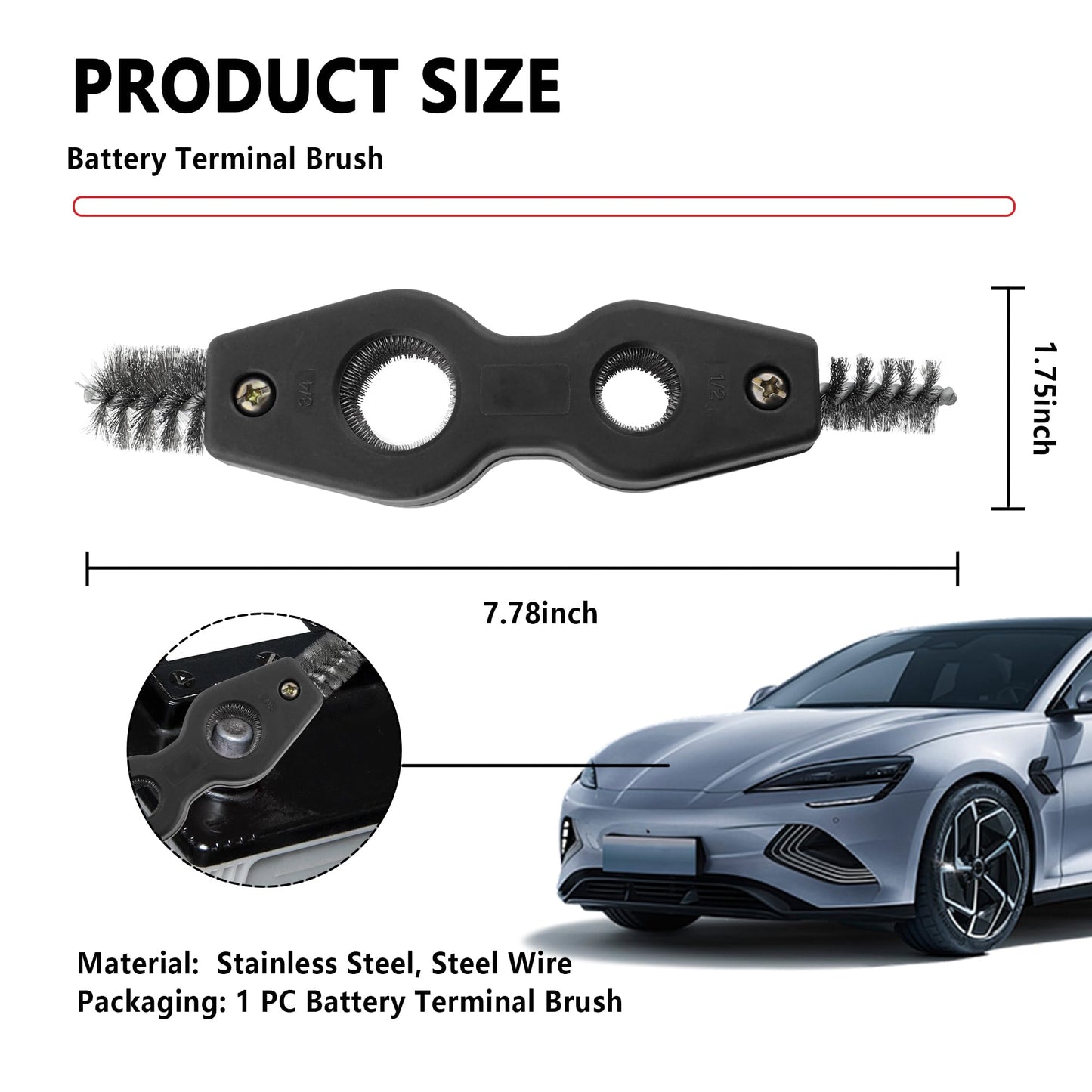 Stacool Car Battery Terminal Cleaner,Stainless Steels 4-in-1 Battery Post Cleaner for Post Adapter & Clamps,Multi-Purpose Car Cleaning Accessories (Black)