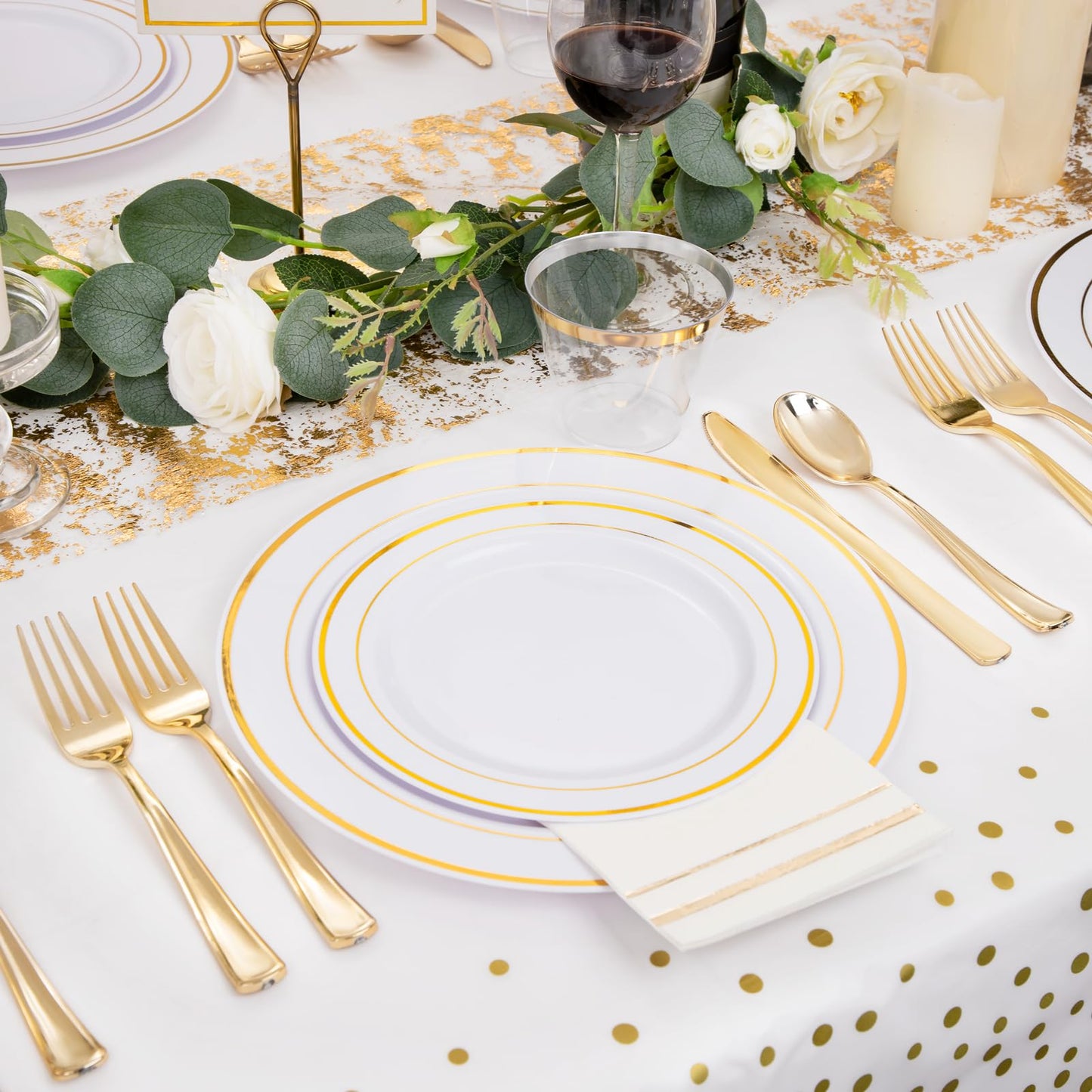 GATHER 176 Pieces Gold Dinnerware Disposable - White and Gold Plastic Plates Includes 50 Plates, 25 Plastic Silverware, 25 Napkins, 25 Cups and 1 Tablecloth for Wedding Party
