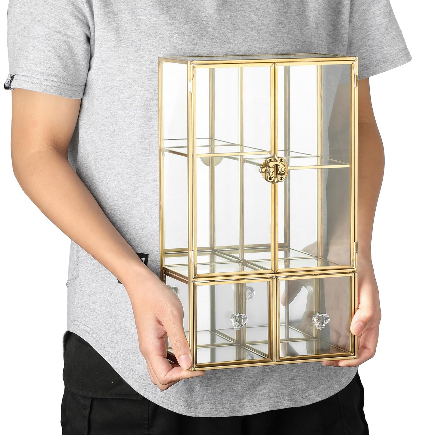 ELLDOO Clear Glass Storage Box with 2 Drawer, Gold Mirrored Jewelry Makeup Display Organizer Case, Decorative Tower Box Storage for Trinket Perfume Lipstick Figure Statue Toy Display