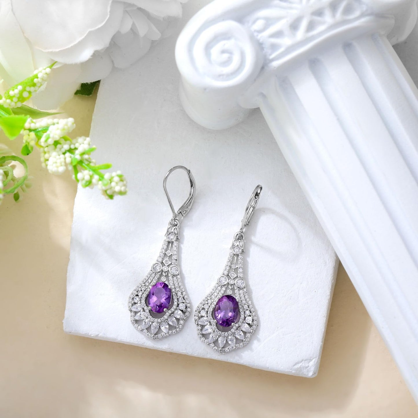 Lvoryance 1.5CT Genuine Amethyst Earrings 925 Sterling Silver 6mm * 8mm Oval Cut Purple Amethyst Drop Earrings for Women