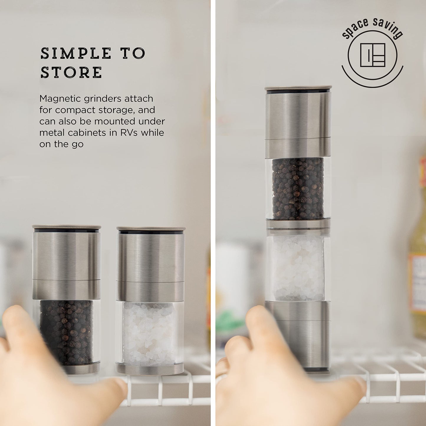 Kamenstein Magnetic Salt and Pepper Grinder Filled with Spices, Set Of 2, Stainless Steel