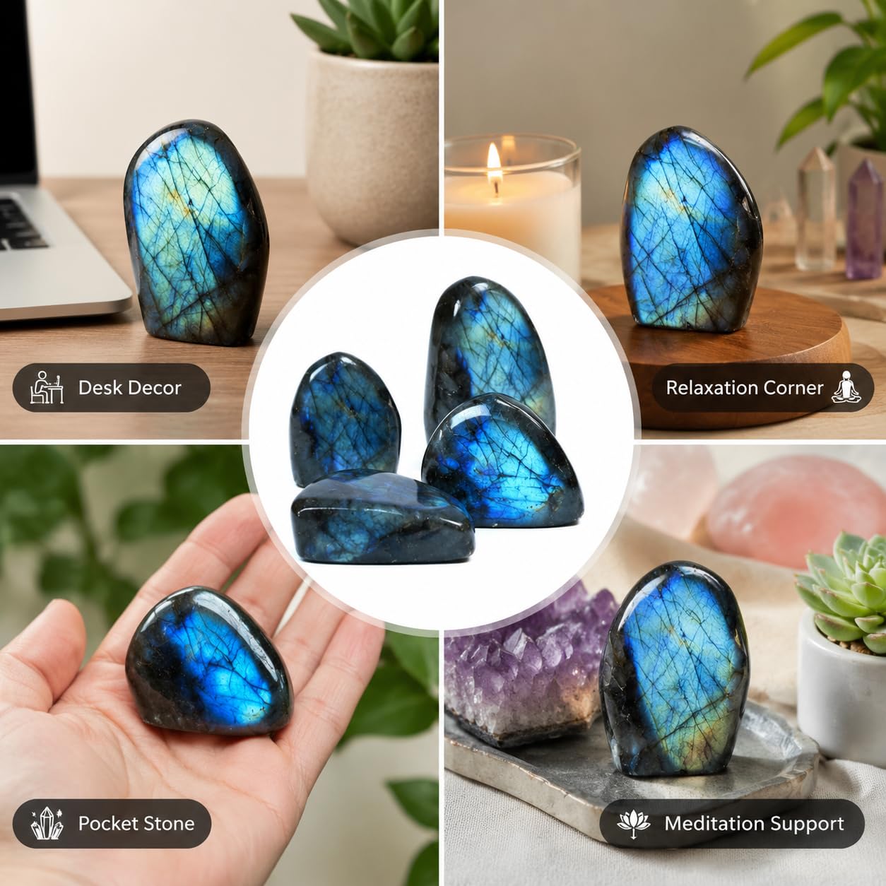 Wemeki 5-8PCS Natural Labradorite Stone, Polished Blue Labradorite Crystal Stone, Healing Crystal Labradorite Gemstone for Home Decor, Meditation, Crystal Collection (0.88LB)