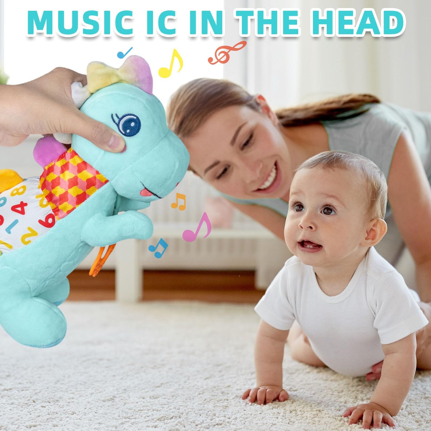 Baby Dino Musical Stuffed Animal Toys for 0-3-6-9-12 Months,Infant Dinosaur Tummy Time Toys with Crinkle Sound Paper,Teether,Textures & Rattles for Newborn Boys Girls Birthday Gifts,Blue