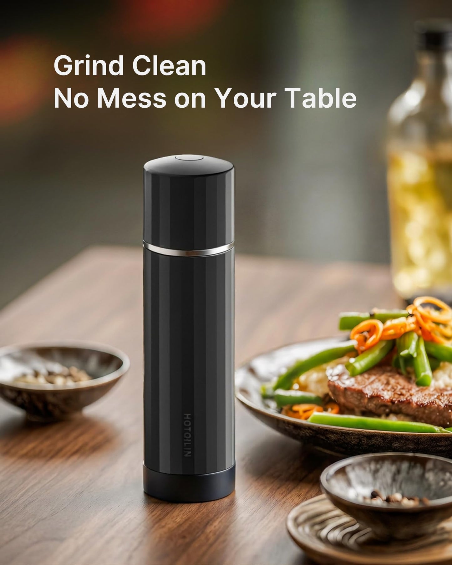 HOTQILIN Manual Pepper Grinder, Heavy Duty All-Metal Pepper Mill, High Output Grinding, Magnetic Powder Chamber for Cleaner Countertops, 60+ Precision Settings, Commercial Grade (Matte Black)