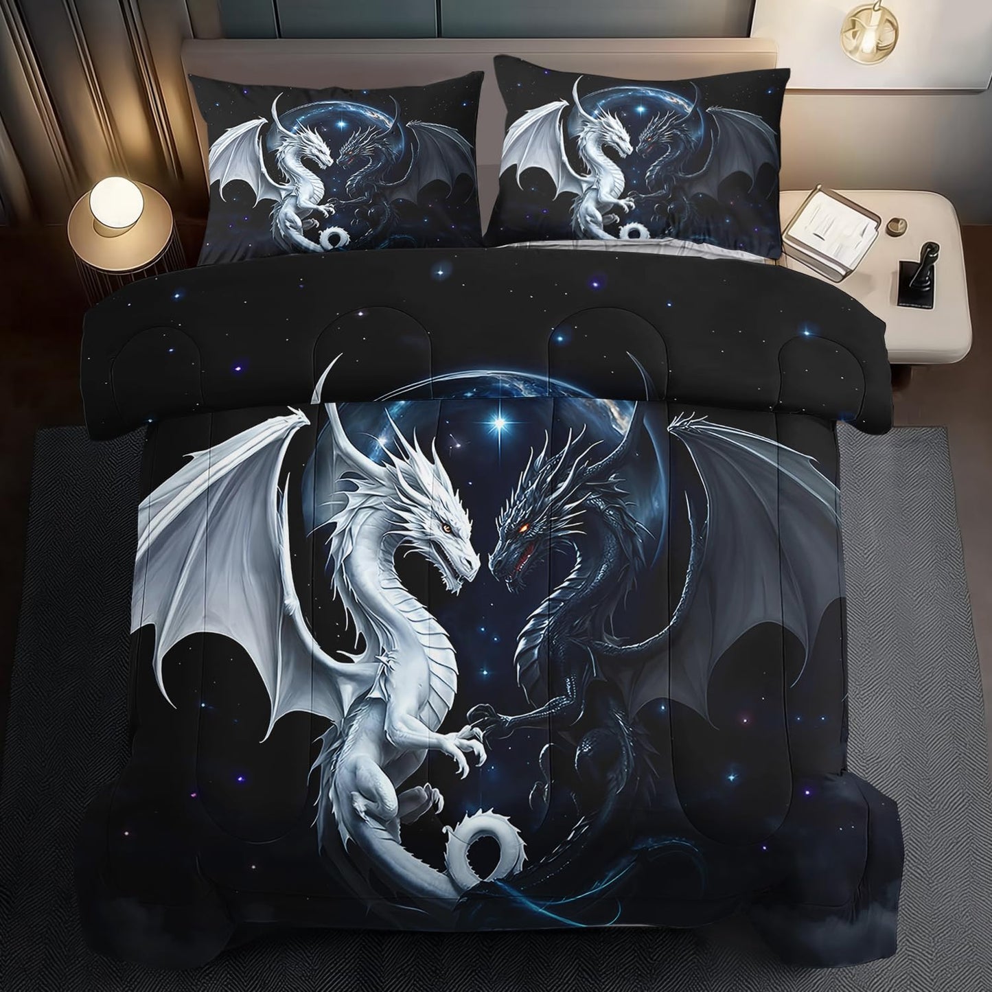 llyxsesty Black and White Dragon Comforter Set King for Boys Black Dragon Bedding Set Boys Gemini Universe Comforter King Quilt Animal Bedding Space Bed Decor Animal Home Decor