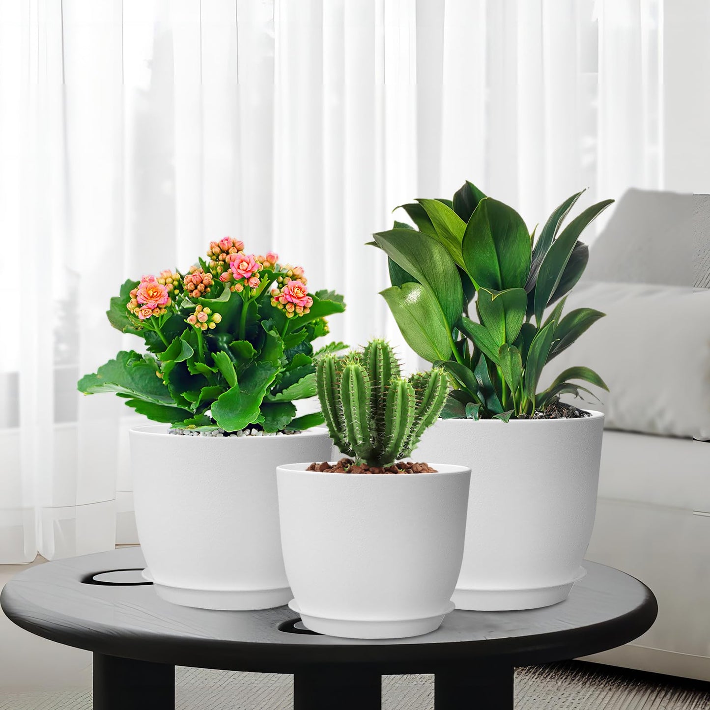 WSMKSZ 12/10/9 inch Large Plant Pots, 3 Pack Modern Decorative Plastic Planters with Drainage Holes and Saucers, Flower Pots for Indoor Outdoor Plants, White