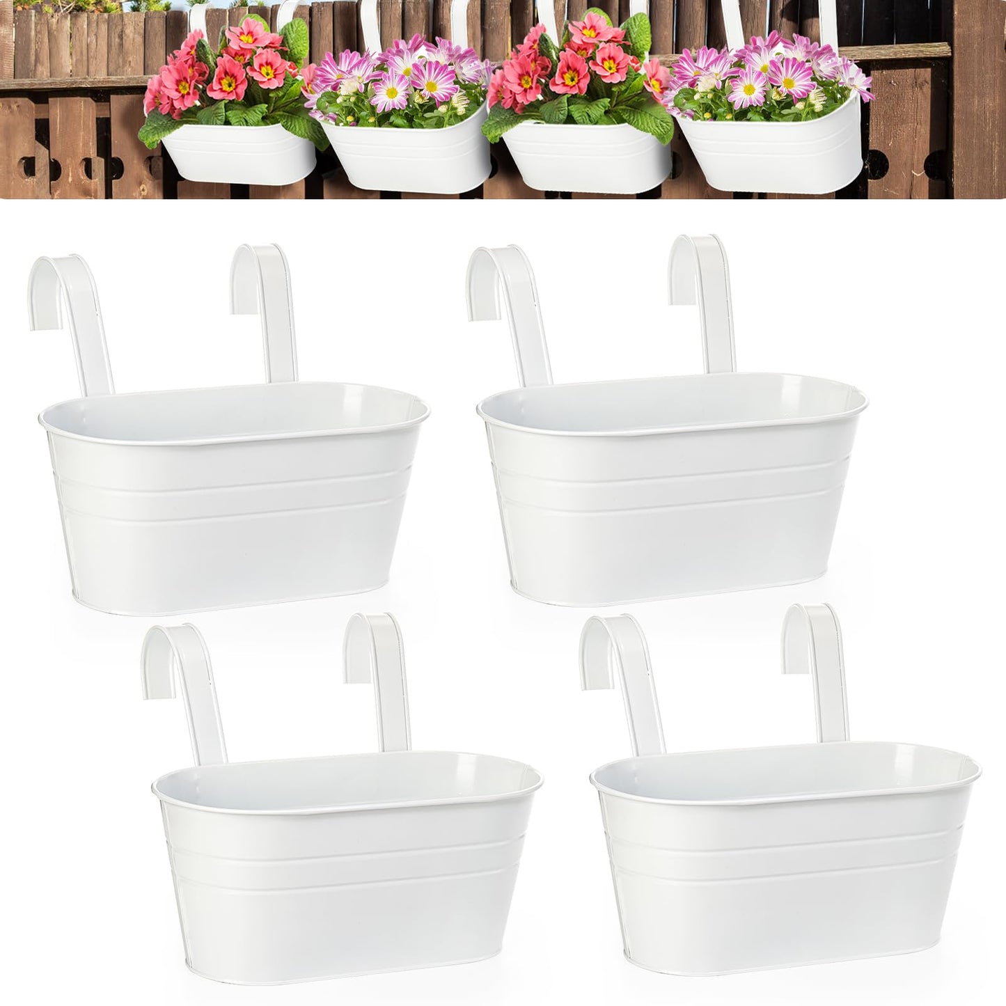 Foraineam 4 Pack Hanging Flower Pots, Metal Iron Plant Pot Holders, Large Fence Railing Balcony Garden Hanging Bucket Planters with Detachable Hooks for Indoor and Outdoor Decor